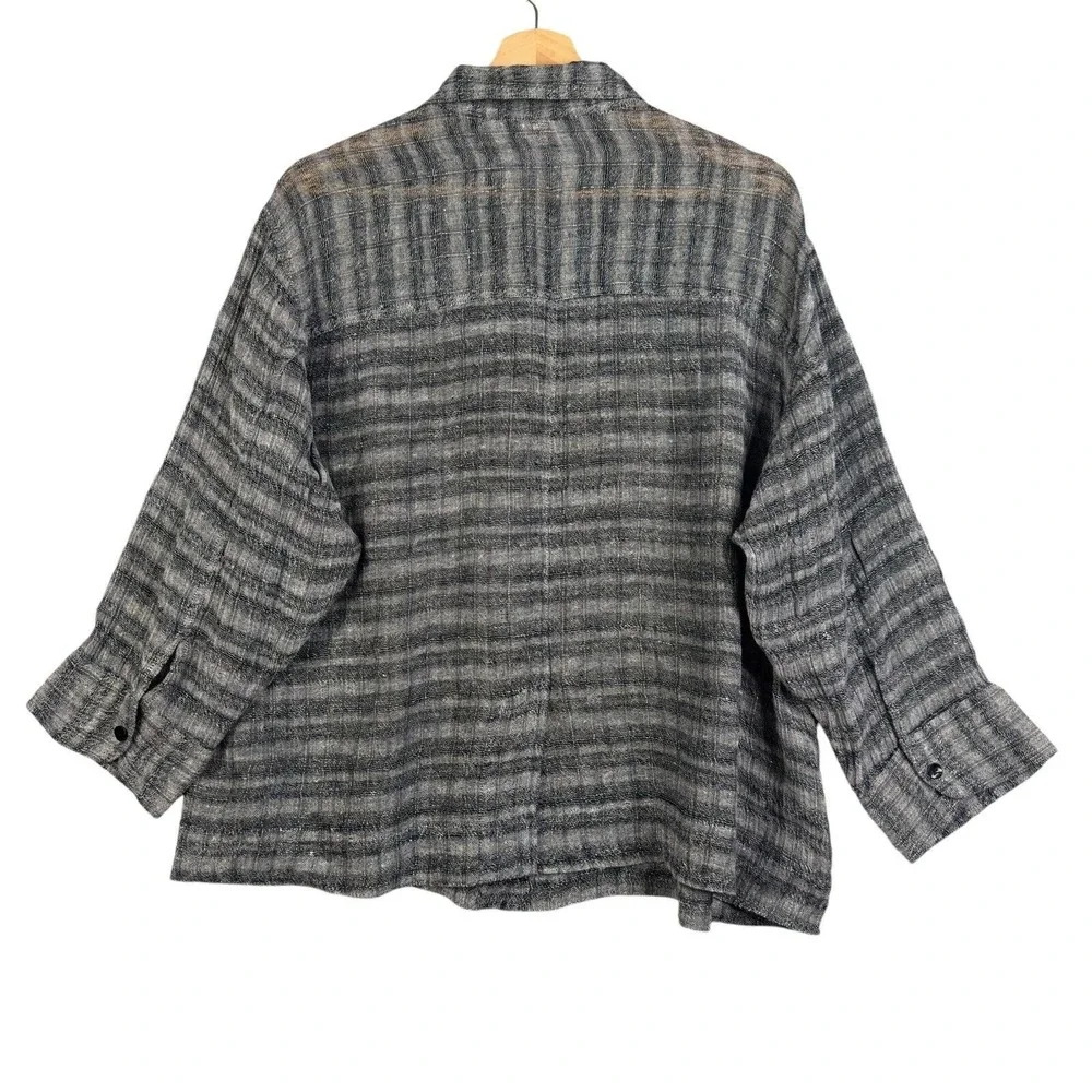 Chico's Shirt Blouse Women Sz‎ 3 Linen Metallic Gray Striped Knit 3/4 sleeve Top